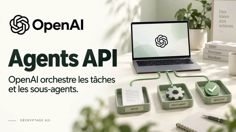 OpenAI — Agents API. OpenAI orchestre les tâches et les sous-agents. Bandeau éditorial illustré A2I.