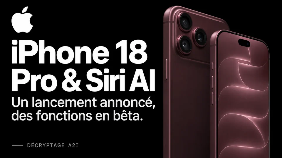 Apple — iPhone 18 Pro & Siri AI. Un lancement annoncé, des fonctions en bêta. Bandeau éditorial illustré A2I.