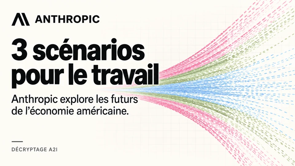 Anthropic — 3 scénarios pour le travail. Anthropic explore les futurs de l’économie américaine. Bandeau éditorial illustré A2I.