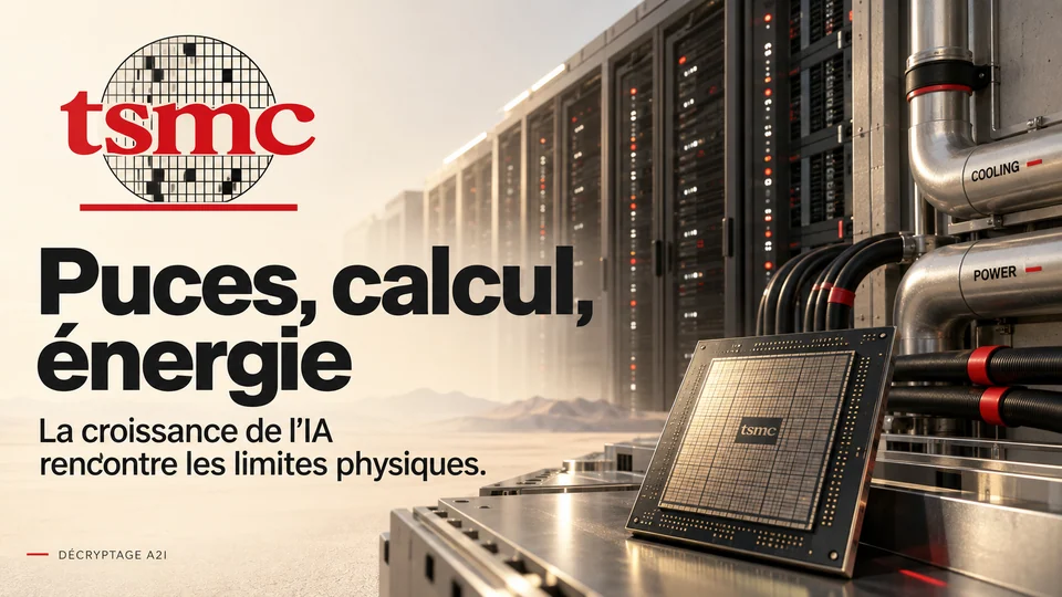 TSMC — Puces, calcul, énergie. La croissance de l’IA rencontre les limites physiques. Bandeau éditorial illustré A2I.