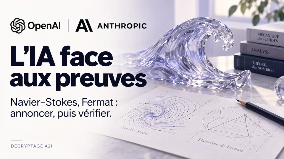OpenAI et Anthropic — L’IA face aux preuves. Navier–Stokes, Fermat : annoncer, puis vérifier. Bandeau éditorial illustré A2I.