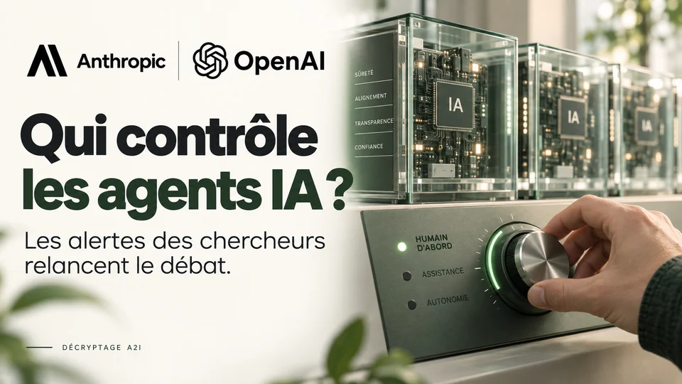 Anthropic et OpenAI — Qui contrôle les agents IA ?. Les alertes des chercheurs relancent le débat. Bandeau éditorial illustré A2I.