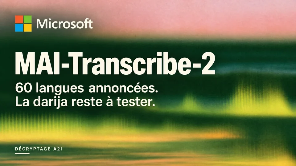 Microsoft — MAI-Transcribe-2. 60 langues annoncées. La darija reste à tester. Bandeau éditorial illustré A2I.