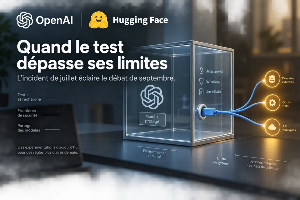 OpenAI et Hugging Face — Quand le test dépasse ses limites. L’incident de juillet éclaire le débat de septembre. Illustration éditoriale A2I.