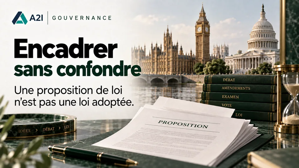 A2I — Encadrer sans confondre. Une proposition de loi n’est pas une loi adoptée. Illustration éditoriale A2I.