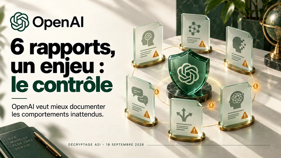 OpenAI — 6 rapports, un enjeu : le contrôle. OpenAI veut mieux documenter les comportements inattendus. Illustration éditoriale A2I.