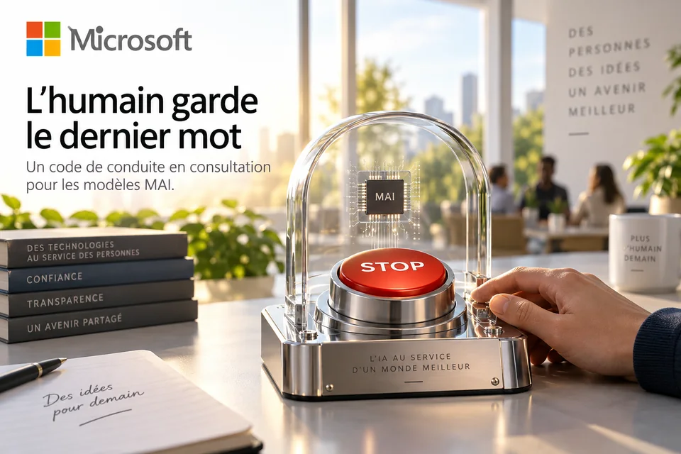 Microsoft — L’humain garde le dernier mot. Un code de conduite en consultation pour les modèles MAI. Illustration éditoriale A2I.