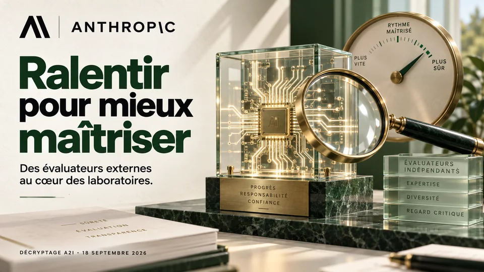 Anthropic — Ralentir pour mieux maîtriser. Des évaluateurs externes au cœur des laboratoires. Illustration éditoriale A2I.