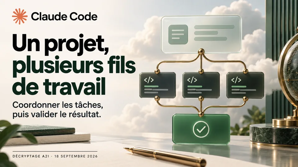 Claude Code — Un projet, plusieurs fils de travail. Coordonner les tâches, puis valider le résultat. Illustration éditoriale A2I.