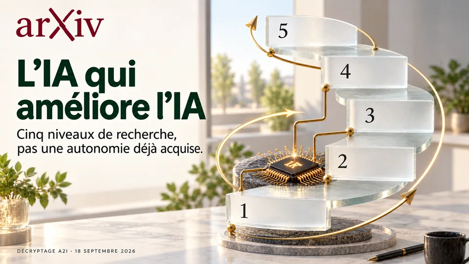 arXiv — L’IA qui améliore l’IA. Cinq niveaux de recherche, pas une autonomie déjà acquise. Illustration éditoriale A2I.