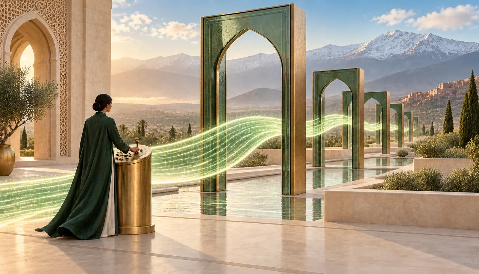 Illustration conceptuelle : un circuit lumineux traverse des portes de verre sous le contrôle d’une personne, dans un paysage marocain imaginaire.