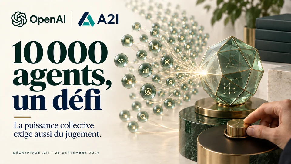 OpenAI — 10 000 agents, un défi. La puissance collective exige aussi du jugement. Illustration conceptuelle A2I.