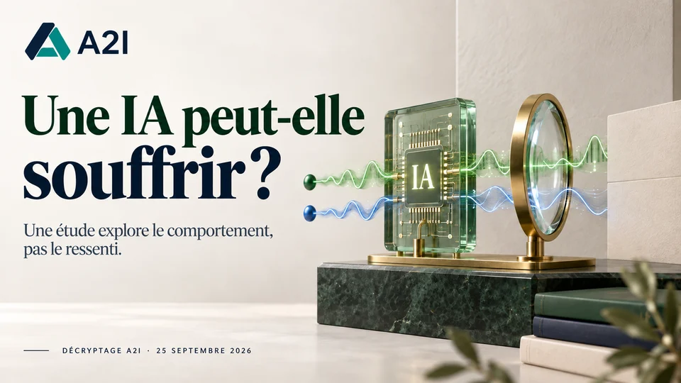A2I — Une IA peut-elle souffrir ?. Une étude explore le comportement, pas le ressenti. Illustration conceptuelle A2I.