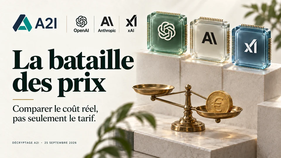 OpenAI, Anthropic et xAI — La bataille des prix. Comparer le coût réel, pas seulement le tarif. Illustration conceptuelle A2I.