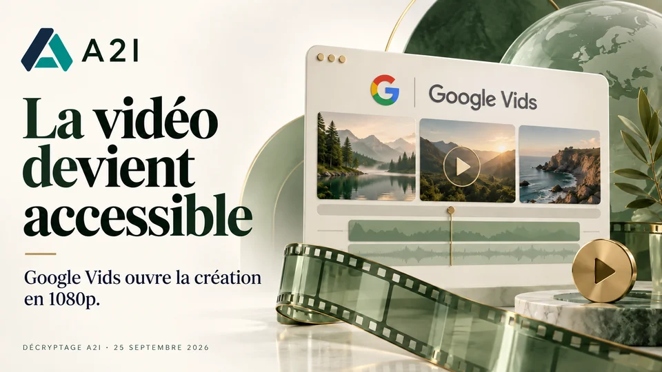 Google Vids — La vidéo devient accessible. Google Vids ouvre la création en 1080p. Illustration conceptuelle A2I.