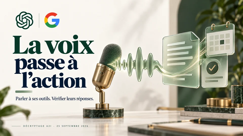 OpenAI et Google — La voix passe à l’action. Parler à ses outils. Vérifier leurs réponses. Illustration conceptuelle A2I.